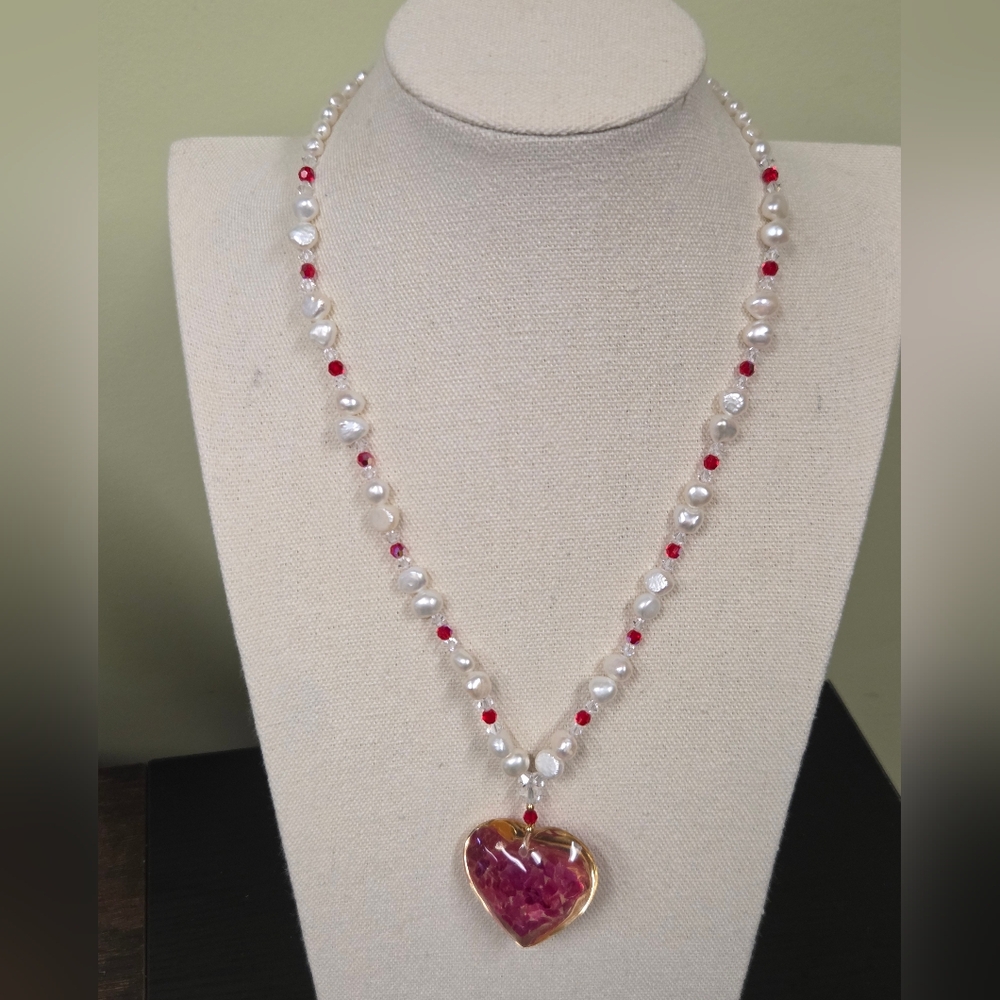 Lee Sands Freshwater Pearl Lucite Heart Necklace